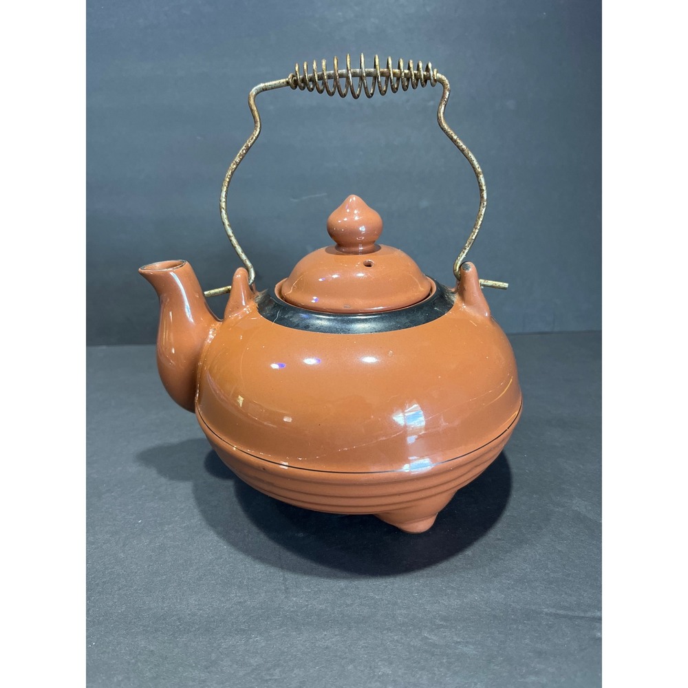Vintage Terracotta Teapot Mid Century Modern Tripod Feet Metal Spring Handle